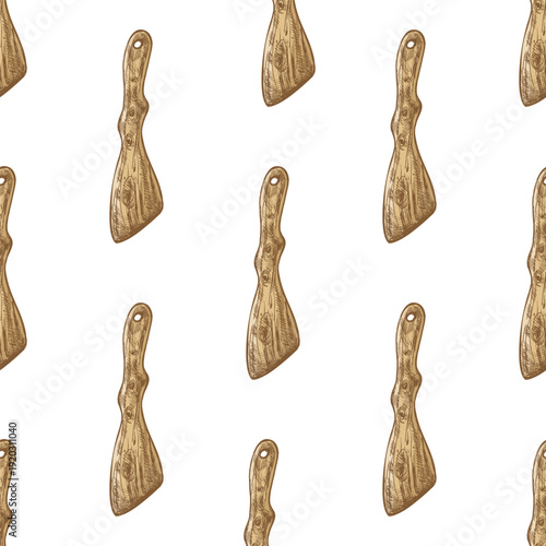 Hand drawn vintage seamless pattern of wooden kitchen spatula with natural wood texture brown