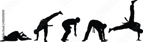 Capoeira Martial Arts Silhouettes Set in Dynamic Fighting and Acrobatics Poses Isolated on White Background for Brazilian Combat Sport Training Concept