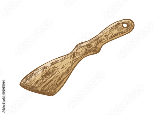 Hand drawn vintage illustration of wooden kitchen spatula with natural wood texture brown color