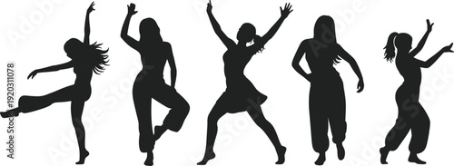 Collection of Female Dancer Silhouettes in Dynamic Dance Poses Isolated on White Background for Performance, Fitness and Choreography Concept