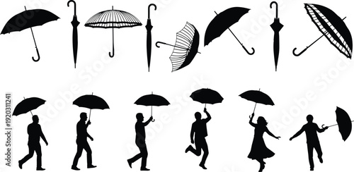 Umbrella silhouette collection with people walking, rainy weather vector set, stylish parasol icons, human figures under umbrella illustration pack