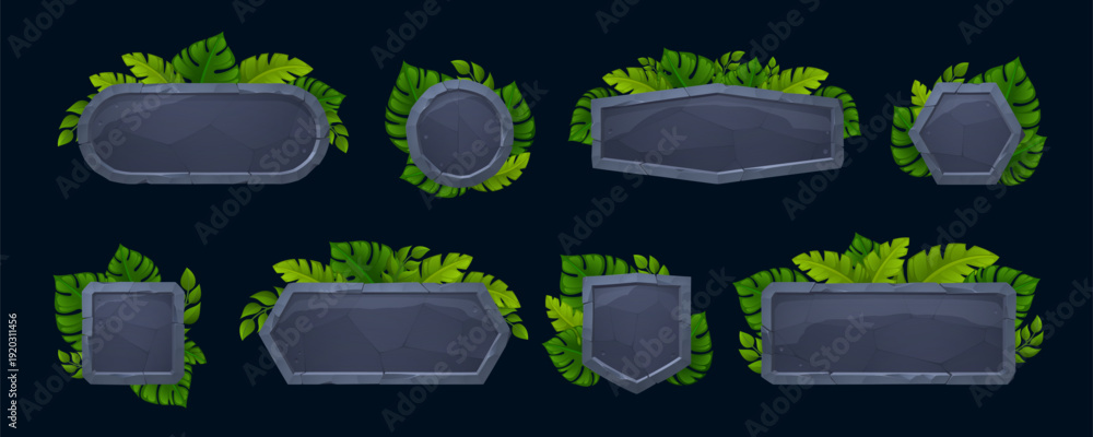 Fototapeta premium Stone game interface elements with jungle frame and rocky buttons for UI design. Cartoon tropical leaf signs and ancient boards with adventure vibes. Stone tablets with vector icons for mobile apps.