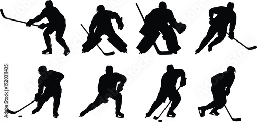 Ice Hockey Player Silhouettes Collection with Skating, Goalie and Stick Control Action Poses Isolated on White Background for Winter Team Sport Concept