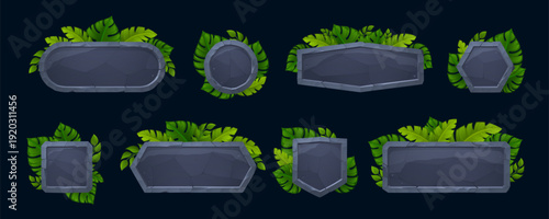 Stone game interface elements with jungle frame and rocky buttons for UI design. Cartoon tropical leaf signs and ancient boards with adventure vibes. Stone tablets with vector icons for mobile apps.