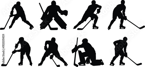 Ice Hockey Player Silhouettes Set in Skating, Goalkeeper and Stick Handling Action Poses Isolated on White Background for Winter Team Sport Concept