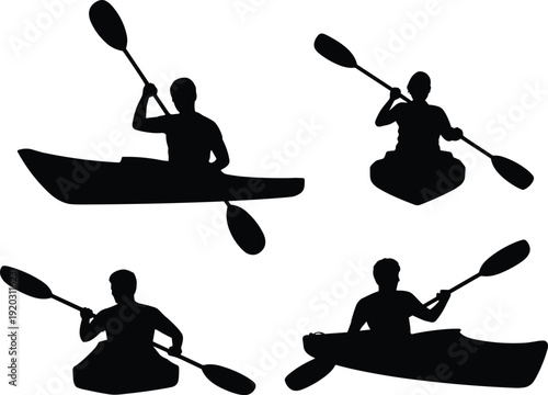 Kayaker Silhouettes Set in Dynamic Paddling Action Poses Isolated on White Background for Water Sport, Adventure and Outdoor Recreation Concept