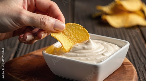 Crispy potato chip dipping into creamy white sauce, hand holding salty snack over bowl of garlic dip, crunchy appetizer on rustic wooden table