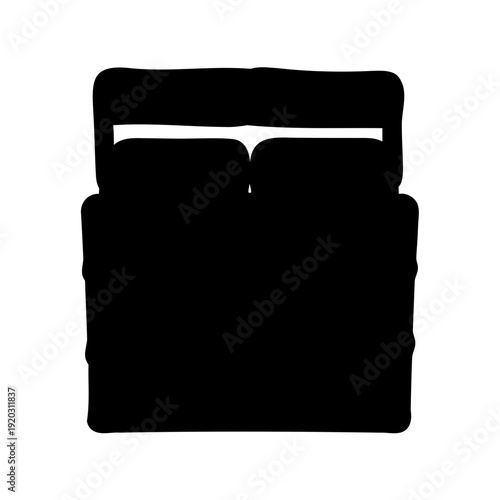 Overhead black silhouette of a double bed with two pillows and a headboard on white Vector, illustration