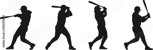 Set of Baseball Player Silhouettes in Batting Swing Action Poses Isolated on White Background for Sports Competition Training and Athletic Concept