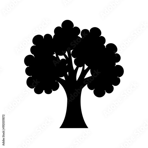 A simple black silhouette of a cartoon-like tree with a full round canopy and sturdy trunk Vector, illustration