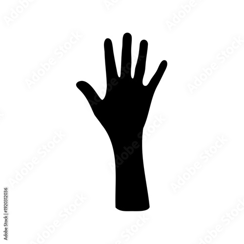 Simple black silhouette of an open human hand and forearm reaching up on a white background Vector, illustration