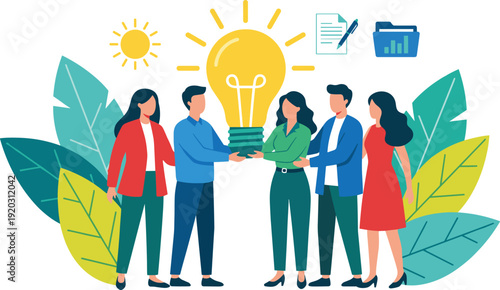Creative business team collaboration with big light bulb idea, innovation brainstorming concept, startup strategy planning vector illustration for modern corporate success