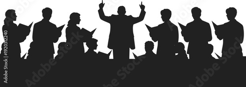 Silhouette of choir singing with conductor leading performance, choral group rehearsal or concert scene isolated on white background