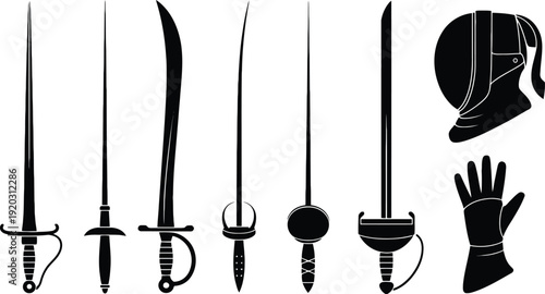 Fencing Equipment Silhouettes Set with Swords Mask and Glove Vector Icons