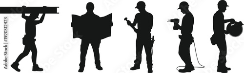 Silhouette of construction workers with tools and blueprint, builder team at work concept isolated on white background