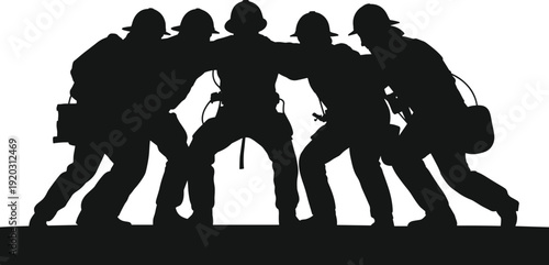 Silhouette of firefighter team in action rescuing colleague, emergency response concept, brave firemen teamwork support scene isolated on white background