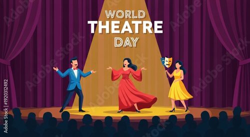 Dancers performing on a brightly lit stage with curtains and audience in the foreground during a theatrical event