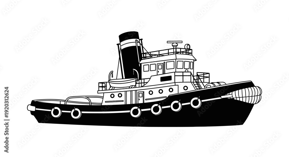 Obraz premium A detailed black and white illustration of a classic tugboat with a prominent smokestack and a series of circular fenders along its hull.