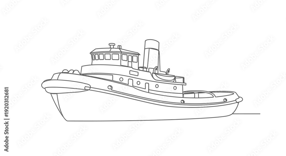 Obraz premium Simple black and white line art drawing of a classic tugboat on a white background, side view.