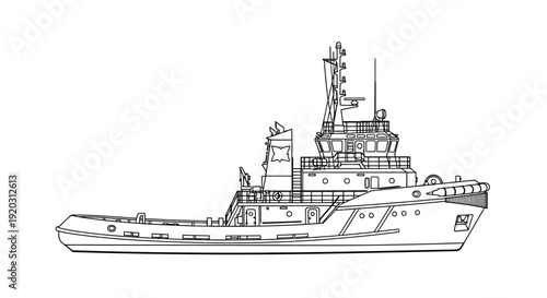 Detailed line drawing illustration of a modern tugboat, showcasing its robust design and maritime features for towing and harbor operations.