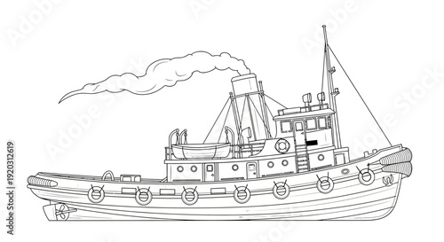 Detailed line drawing of a vintage steam-powered tugboat with smoke billowing from its smokestack, depicted in profile view.