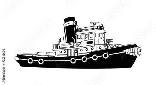 A detailed black and white illustration of a classic tugboat with a prominent smokestack and a series of circular fenders along its hull.