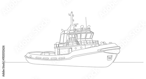Line drawing of a modern tugboat floating on water, depicted in a minimalist style with clean outlines.