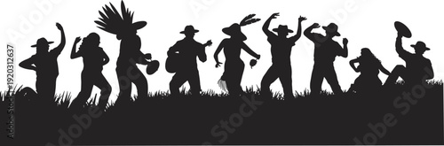 Silhouette of Mexican mariachi band and traditional dancers performing at festival celebration, cultural music and dance scene isolated on white background