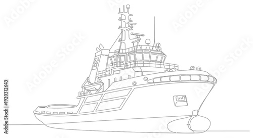 Detailed line drawing of a modern offshore support vessel or tugboat, viewed from the front-right perspective.