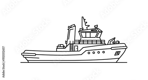 A detailed line drawing of a modern tugboat with a prominent cabin and superstructure, viewed from the side.