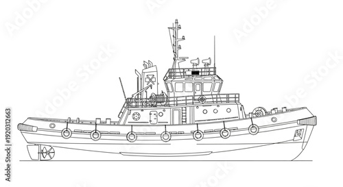Detailed line drawing of a tugboat, showing its side profile and structural elements for maritime operations.