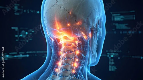 Back view of human head and neck skeleton with glowing red inflammation and pain areas on cervical spine on blue digital background.