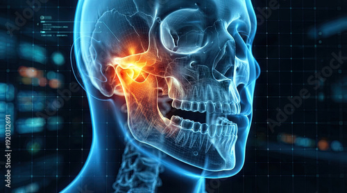 Side view of human skull showing glowing red inflammation and pain on jaw joint area on blue digital background with medical screen data.