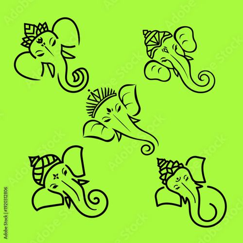 Ganesha Line Art Icon Set on Green Background Hindu Lord Ganpati Outline Vector Collection. Ai generated