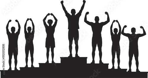Silhouette of winning athletes on podium celebrating victory, championship award ceremony scene, first second third place winners raising arms in triumph isolated on white background