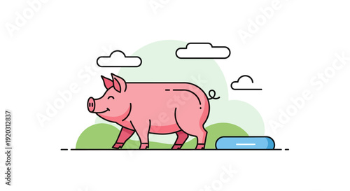 Happy Pink Pig Illustration Walking in Farm Field with Simple Line Art Style
