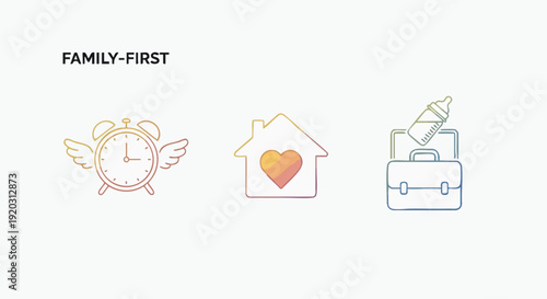 Modern Corporate Work-Life Balance Icons Representing Family-First Culture and Flexible Parental Leave Policies for Progressive B2B Organizations