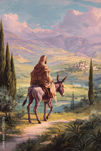 Jesus Christ Riding a Donkey Toward Jerusalem Village on Palm Sunday Celebrating Holy Week Faith