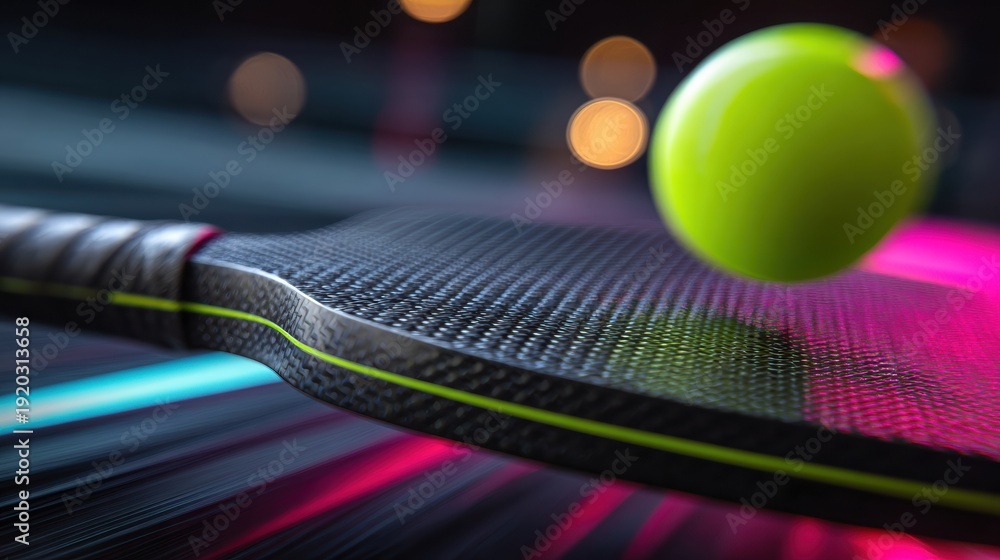 Naklejka premium Closeup pickleball paddle striking ball, neon trails and motion blur accentuating carbon texture studio lighting highlights perforated wiffle ball midimpact, highenergy product test with vibrant color