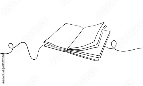 Open magik book, continious line drawing. Reading, literature, education, knowledge. Vector illustration