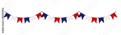 Festive bunting garland with red, white and blue flags on white background. Decorative party banner for national holidays, celebrations and event design.