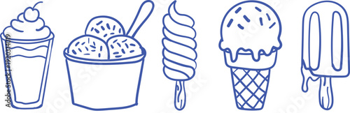 Ice cream desserts doodle line art vector icon illustration of sweet treats