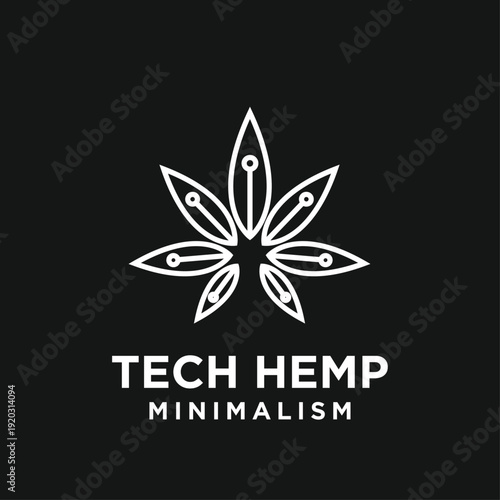 Tech Hemp Minimalist Logo Design. Stylized Cannabis Leaf with Circuit Board Elements Representing Technological Innovation.
