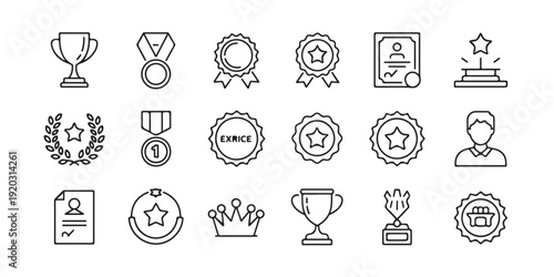 Awards and achievement line icons showing medals trophies ribbons badges certificates and winner emblems for recognition