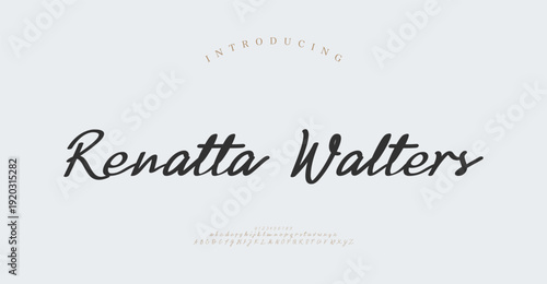 Renatta Walters, Elegant Script font alphabet uppercase lowercase and number. Classic lettering minimal fashion designs. Typography modern serif fonts regular decorative vintage concept. 