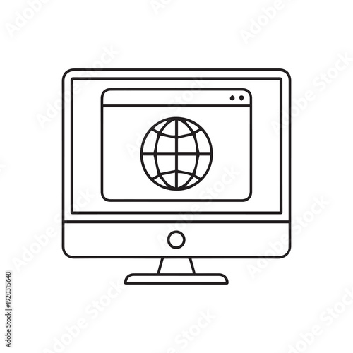 Computer monitor displaying globe symbol on screen in minimalist black and white style with clean design