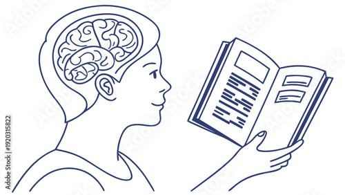 Person reading book with exposed brain illustration