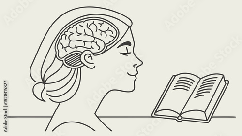 Woman learning with brain exposed to knowledge from a book