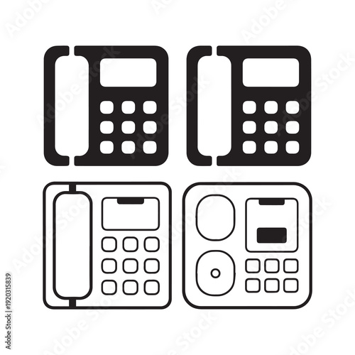 Four black and white telephones arranged in a grid with detailed keypads and screens for communication