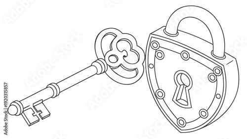 Vintage key unlocking padlock security symbol